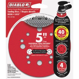Diablo 5 In. 40-Grit Universal 12-Hole Vented Sanding Disc with Hook and Lock Backing (4-Pack) (DCD050040H04G)