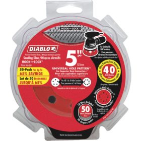 Diablo 5 In. 40-Grit Universal 12-Hole Vented Sanding Disc with Hook and Lock Backing (50-Pack) (DCD050040H50G)