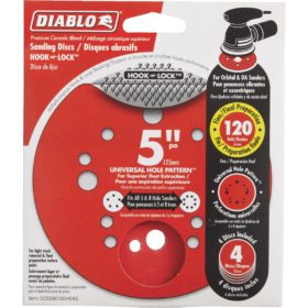 Diablo 5 In. 120-Grit Universal Hole Pattern Vented Sanding Disc with Hook and Lock Backing (4-Pack) (DCD050120H04G)