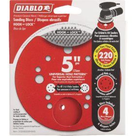 Diablo 5 In. 220-Grit Universal Hole Pattern Vented Sanding Disc with Hook and Lock Backing (4-Pack) (DCD050220H04G)