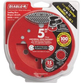 Diablo 5 In. 100-Grit Universal Hole Pattern Vented Sanding Disc with Hook and Lock Backing (15-Pack) (DCD050100H15G)