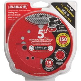 Diablo 5 In. 150-Grit Universal Hole Pattern Vented Sanding Disc with Hook and Lock Backing (15-Pack) (DCD050150H15G)