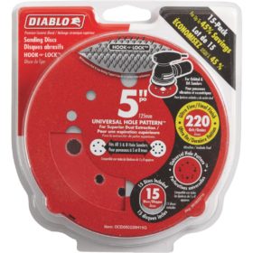 Diablo 5 In. 220-Grit Universal Hole Pattern Vented Sanding Disc with Hook and Lock Backing (15-Pack) (DCD050220H15G)