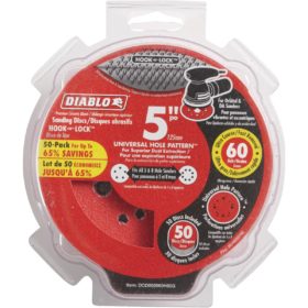 Diablo 5 In. 60-Grit Universal Hole Pattern Vented Sanding Disc with Hook and Lock Backing (50-Pack) (DCD050060H50G)
