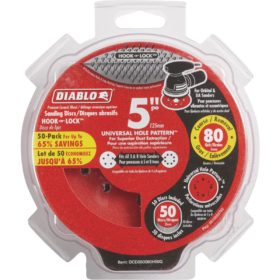 Diablo 5 In. 80-Grit Universal Hole Pattern Vented Sanding Disc with Hook and Lock Backing (50-Pack) (DCD050080H50G)