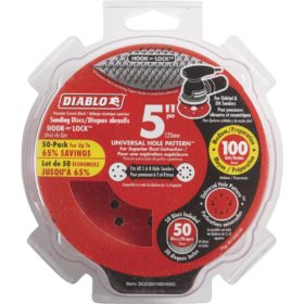 Diablo 5 In. 100-Grit Universal Hole Pattern Vented Sanding Disc with Hook and Lock Backing (50-Pack) (DCD050100H50G)