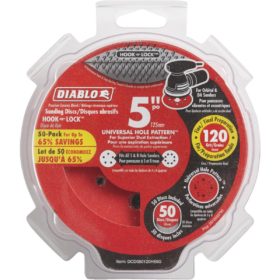 Diablo 5 In. 120-Grit Universal Hole Pattern Vented Sanding Disc with Hook and Lock Backing (50-Pack) (DCD050120H50G)