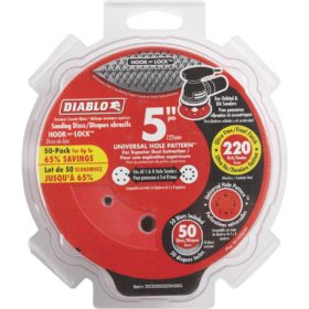 Diablo 5 In. 220-Grit Universal Hole Pattern Vented Sanding Disc with Hook and Lock Backing (50-Pack) (DCD050220H50G)