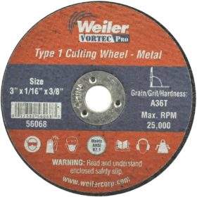Weiler Vortec Type 1 3 In. x 1/16 In. x 3/8 In. Metal/Plastic Cut-Off Wheel (36537)
