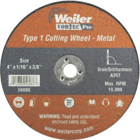 Weiler Vortec Type 1 4 In. x 1/16 In. x 3/8 In. Metal/Plastic Cut-Off Wheel (36540)