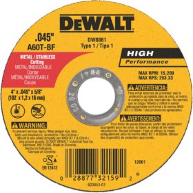 DEWALT HP Type 1 4 In. x 0.045 In. x 5/8 In. Metal/Stainless Cut-Off Wheel (DW8061)