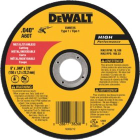 DEWALT HP Type 1 6 In. x 0.045 In. x 7/8 In. Metal/Stainless Cut-Off Wheel (DW8725)