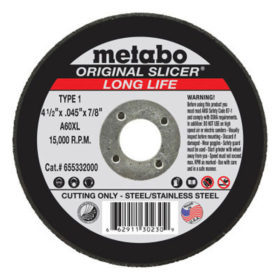 Metabo 55332 Slicer Cutting Wheel, Type 1, 4 1/2 in Dia, 1/16 in Thick, 36 Grit Alum. Oxide