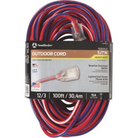 Southwire Wounded Warrior Project 100 Ft. 12/3 Indoor/Outdoor Red, White, & Blue Striped Patriotic Extension Cord (2549SWUSA1)