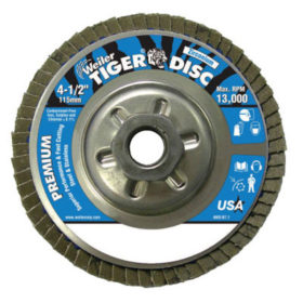 Weiler Brush 50509 Tiger Disc Angled Style Flap Discs, 4 1/2 in, 120 Grit, 5/8 Arbor, Aluminum Back