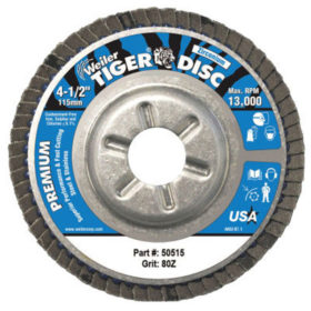 Weiler Brush 50515 Tiger Disc Angled Style Flap Discs, 4 1/2", 80 Grit, 7/8 Arbor, Aluminum Back