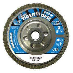 Weiler Brush 50517 Tiger Disc Angled Style Flap Discs, 4 1/2 in, 36 Grit, 5/8 Arbor, Aluminum Back