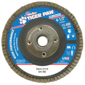 Weiler Brush 51115 Tiger Paw Coated Abrasive Flap Discs, 4 1/2", 80 Grit, 5/8 Arbor, Phenolic Back