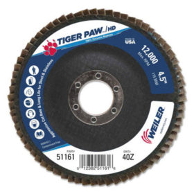 Weiler Brush 51161 Tiger Paw Coated Abrasive Flap Discs, 4 1/2", 40 Grit, 7/8 Arbor, 12,000 rpm