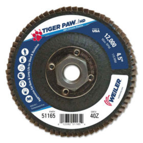 Weiler Brush 51165 Tiger Paw Super High Density Flap Discs, 4 1/2", 40 Grit, 5/8 Arbor, 12,000 rpm