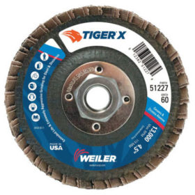 Weiler Brush 51227 TIGER X Flap Disc, 4 1/2 in Flat, 60 Grit, 5/8 in - 11 Arbor