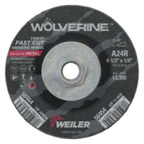 Weiler Brush 56454 Wolverine Grinding Wheels, 4 1/2 in Dia, 1/4 in Thick, 5/8 in - 11, 24 Grit, R