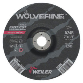 Weiler Brush 56467 Wolverine Grinding Wheels, 7 in Dia, 1/4 in Thick, 7/8 in Arbor, 24 Grit, R