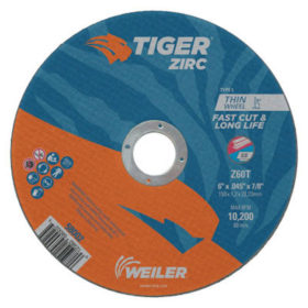 Weiler Brush 58002 Tiger Zirc Thin Cutting Wheels, 6 in Dia, .045 Thick, 7/8 in Arbor, Grit 60